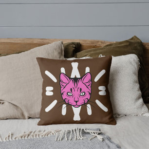 Cute Purple Cat And White Stripe On Modern Brown Cushion