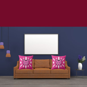 Cute Purple Cat And White Stripe On Modern Pink Cushion