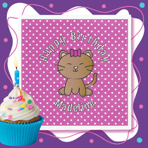 Cute Purple Cat Cartoon Sweet Kid's Birthday Party Napkin