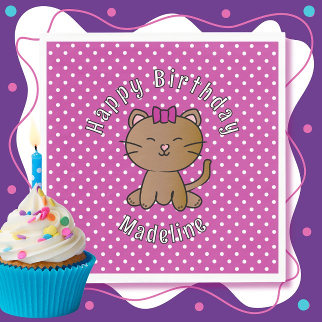 Cute Purple Cat Cartoon Sweet Kid's Birthday Party Napkin (Creator Uploaded)