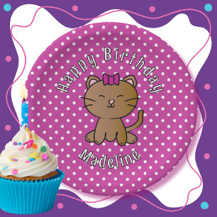 Cute Purple Cat Cartoon Sweet Kid's Birthday Party Paper Plate