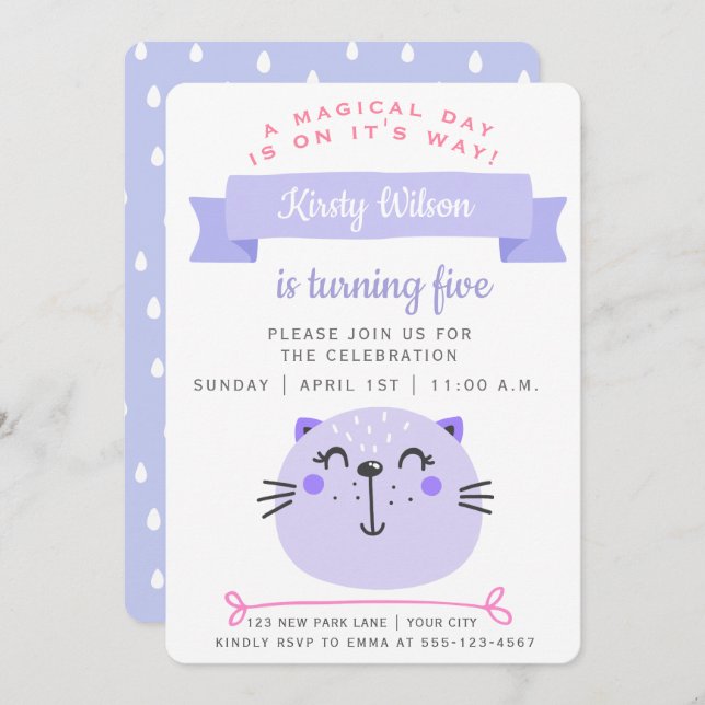Cute Purple Cat | Kids Birthday Invitation (Front/Back)