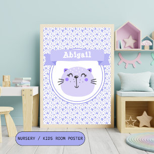 Cute Purple Cat & Lilac Hearts - Personalised Kids Poster