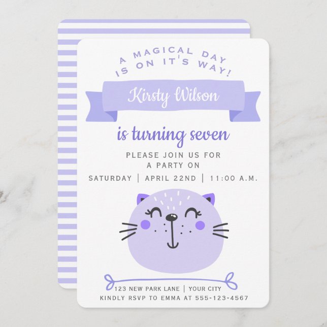 Cute Purple Cat | Lilac Stripes - Kids Birthday Invitation (Front/Back)