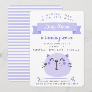 Cute Purple Cat   Lilac Stripes - Kids Birthday Invitation