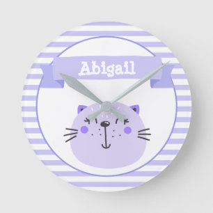Cute Purple Cat   Personalised Nursery or Kids' Round Clock