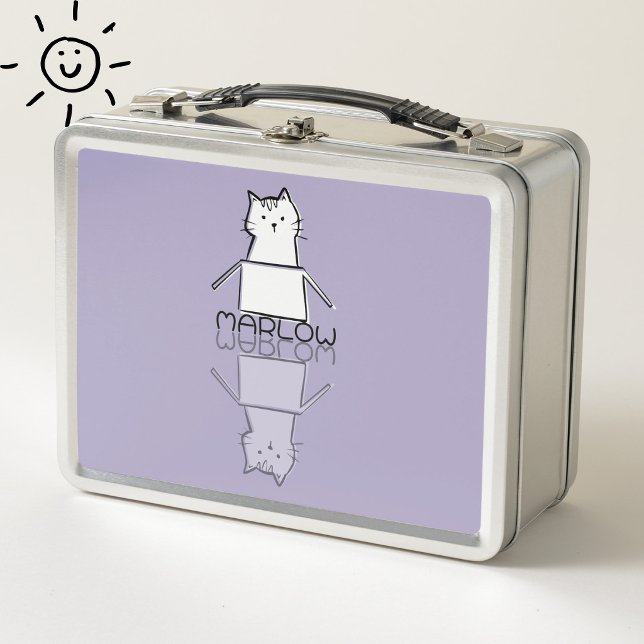 Cute Purple Cat Reflection Doodle Custom Name  Metal Lunch Box (Creator Uploaded)