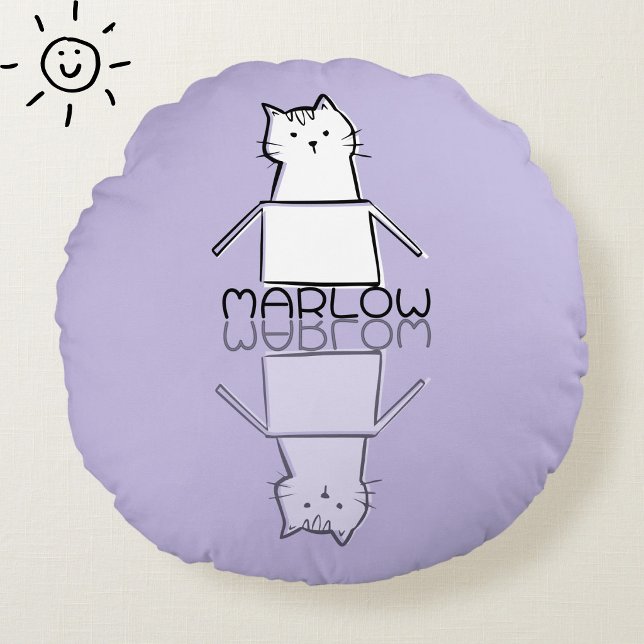 Cute Purple Cat Reflection Doodle Custom Name  Round Cushion (Creator Uploaded)