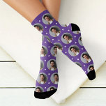 Cute Purple Custom Boyfriend Photo Heart Socks<br><div class="desc">Bold and fun, these custom socks feature your photo in a round frame on a vibrant purple background with white confetti hearts. Upload your photo and surprise your girlfriend or wife with the ultimate romantic gag gift she'll actually love wearing. Photo tip: crop your photo to a square shape prior...</div>