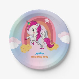 Cute purple custom unicorn birthday party paper plate