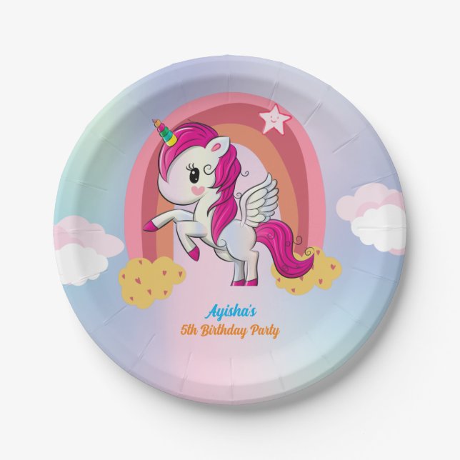 Cute purple custom unicorn birthday party paper plate (Front)