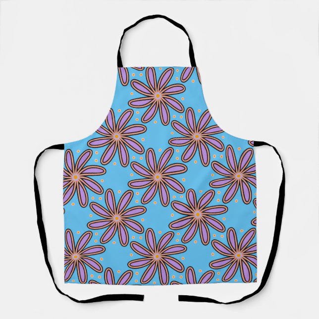 Cute Purple Daisies On Blue Apron (Front)