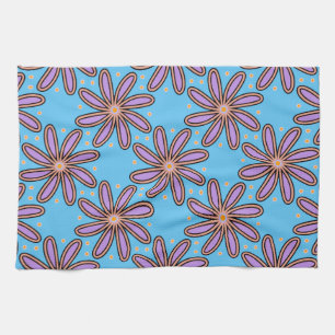 Cute Purple Daisies On Blue Tea Towel