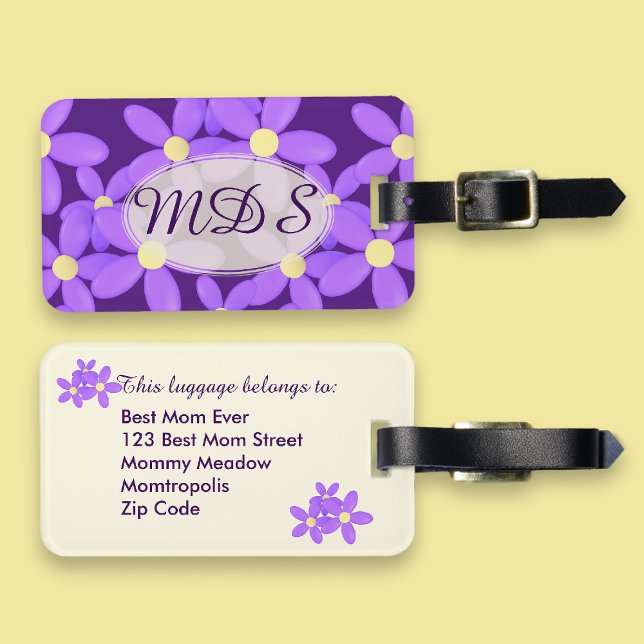Cute Purple Daisy Floral Monogram Luggage Tag (Creator Uploaded)