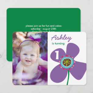 Cute Purple Daisy Pop Chic Photo Girl 1st Birthday Invitation