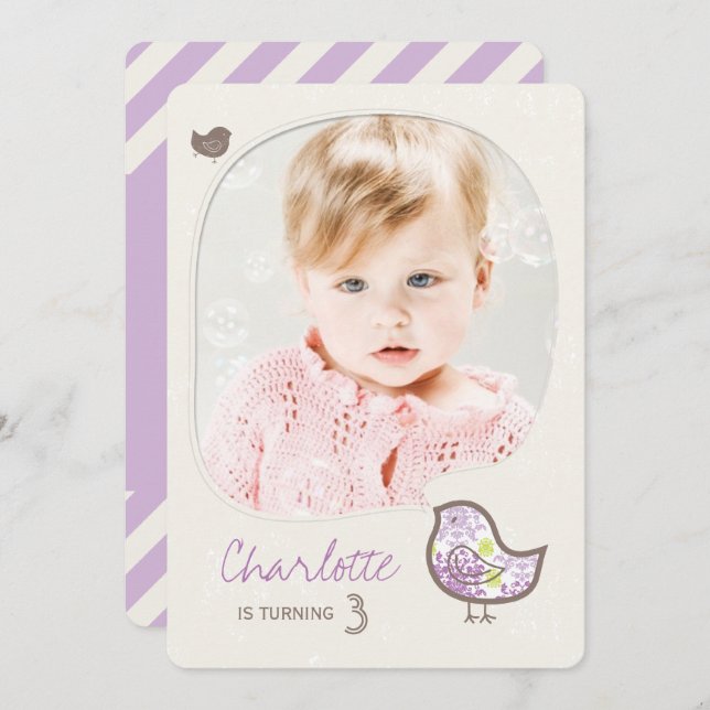 Cute Purple Damask Bird Girl Photo Birthday Party Invitation (Front/Back)