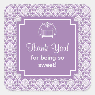 Cute Purple Damask Crib Baby Shower Square Sticker