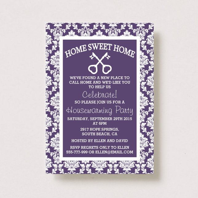 Cute Purple Damask Home Sweet Home Housewarming Invitation (Creator Uploaded)