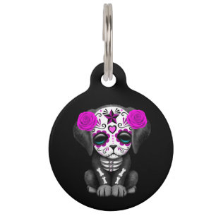 Cute Purple Day of the Dead Puppy Dog Black Pet Tag