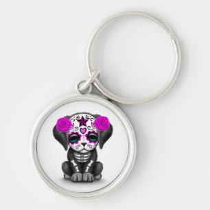 Cute Purple Day of the Dead Puppy Dog White Key Ring