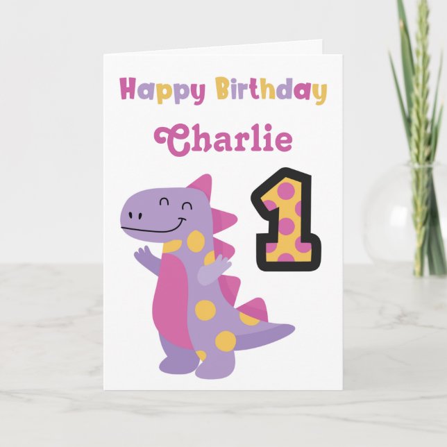 Cute Purple Dinosaur 1st Birthday Card (Front)