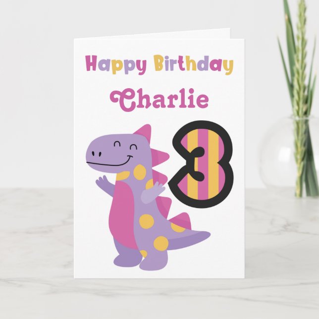 Cute Purple Dinosaur 3rd Birthday Card (Front)