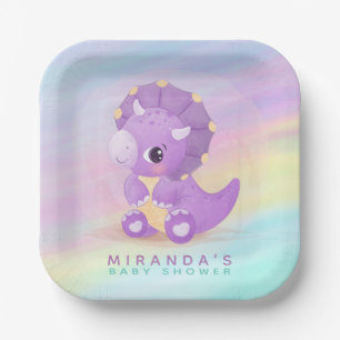 Cute Purple Dinosaur Baby Shower Paper Plate