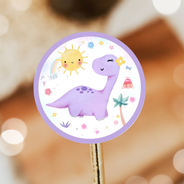 Cute Purple Dinosaur Party Classic Round Sticker  (Creator Uploaded)
