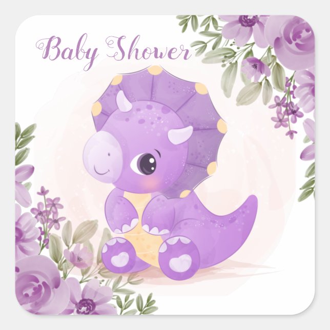 Cute Purple Dinosaur with Florals Baby Shower Square Sticker (Front)