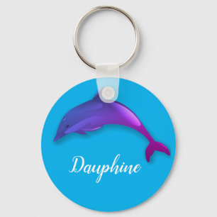 Cute purple dolphin in sky blue - add name key ring