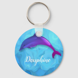 Cute  purple  dolphin  in water -  add name key ring