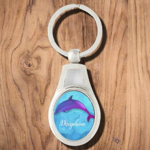 Cute  purple  dolphin  in water -  add name key ring
