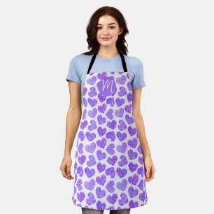Cute Purple Doodled Heart Valentine's Day Monogram Apron