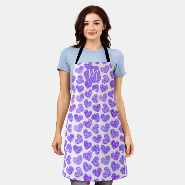 Cute Purple Doodled Heart Valentine's Day Monogram Apron (Worn)