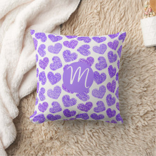 Cute Purple Doodled Heart Valentine's Day Monogram Cushion