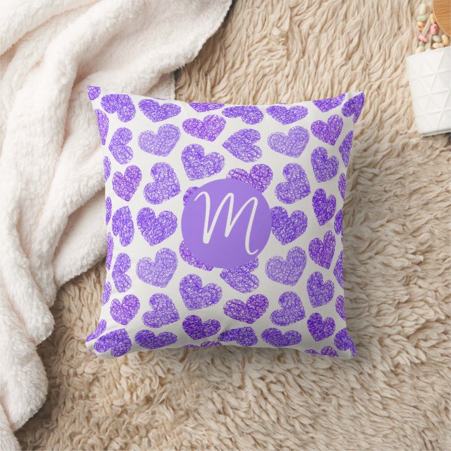Cute Purple Doodled Heart Valentine's Day Monogram Cushion (Blanket)
