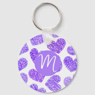 Cute Purple Doodled Heart Valentine's Day Monogram Key Ring