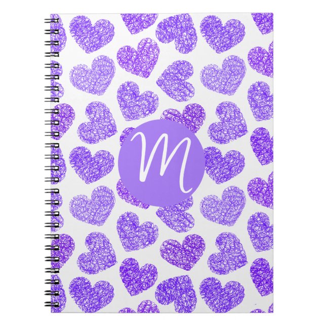 Cute Purple Doodled Heart Valentine's Day Monogram Notebook (Front)
