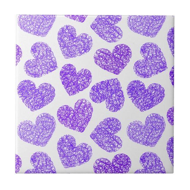 Cute Purple Doodled Heart Valentine's Day Pattern Ceramic Tile (Front)