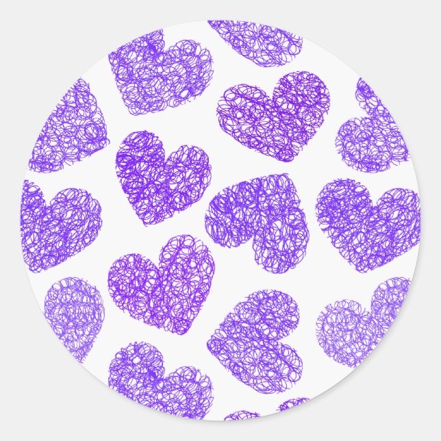 Cute Purple Doodled Heart Valentine's Day Pattern Classic Round Sticker (Front)