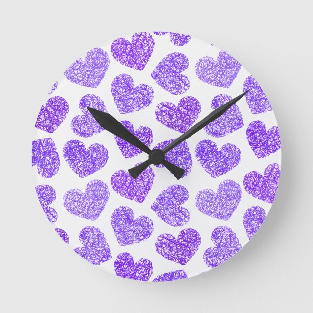 Cute Purple Doodled Heart Valentine's Day Pattern Round Clock (Front)