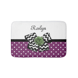 Cute Purple Dots Green Rose Chevron Bow With Name Bath Mat