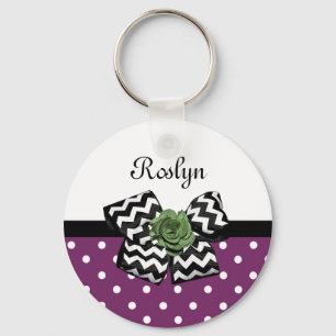 Cute Purple Dots Green Rose Chevron Bow With Name Key Ring