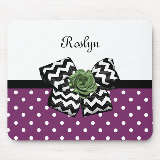 Cute Purple Dots Green Rose Chevron Bow With Name Mouse Pad (Front)