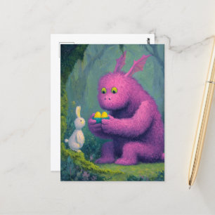 Cute Purple Dragon and Easter Bunny Watercolor Postcard
