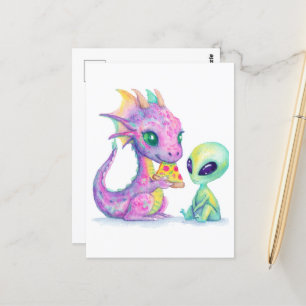 Cute Purple Dragon Baby Eating Pizza With Alien Postcard