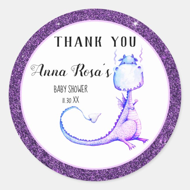 *~* Cute Purple Dragon Baby Shower Thank You Classic Round Sticker (Front)