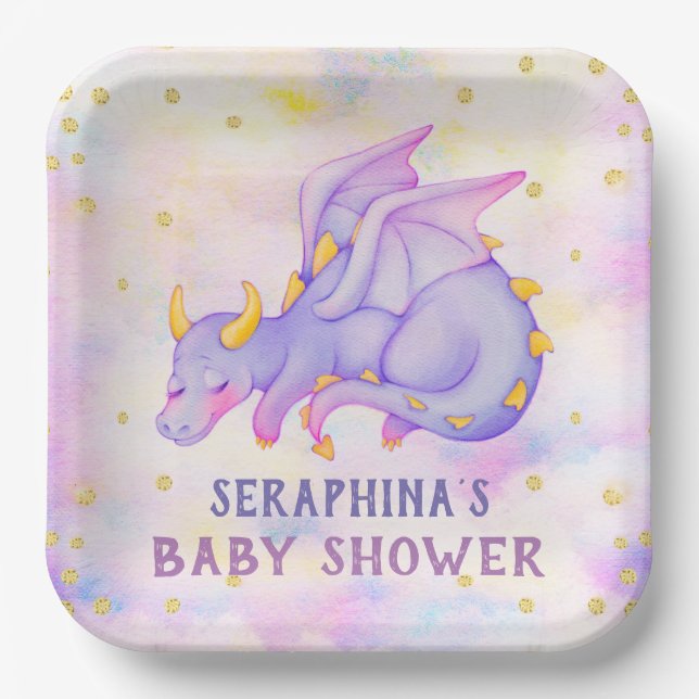 Cute Purple Dragon Girls Baby Shower Paper Plate (Front)