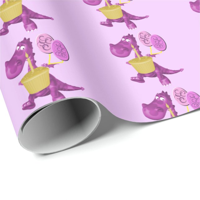 Cute Purple Dragon With Cupcake And Balloons    Wrapping Paper (Roll Corner)