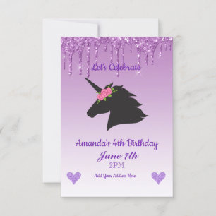 Cute Purple Dripping Glitter Floral Unicorn Invitation